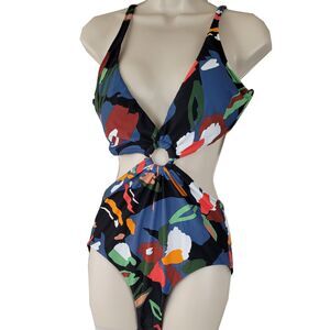 Bar III Ring Swimsuit Size Large Black Multi Floral Monokini One Piece Womens